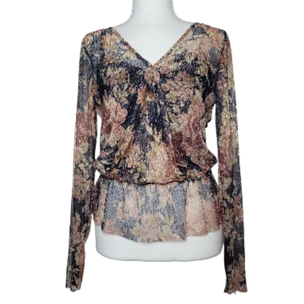 SALE NWT Brannan Metallic Floral Peplum Blouse Long Sheer Sleeve Tie Back M - Picture 2 of 13